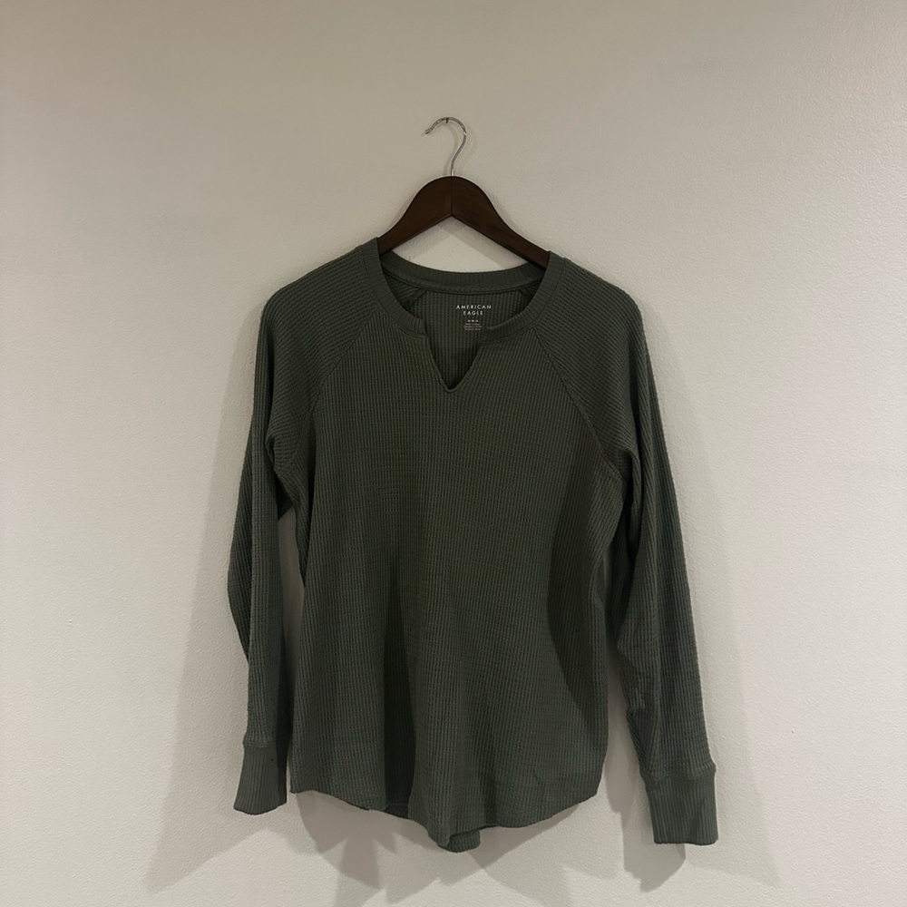 American Eagle Olive Waffle-Texture Notch-Neck Top
